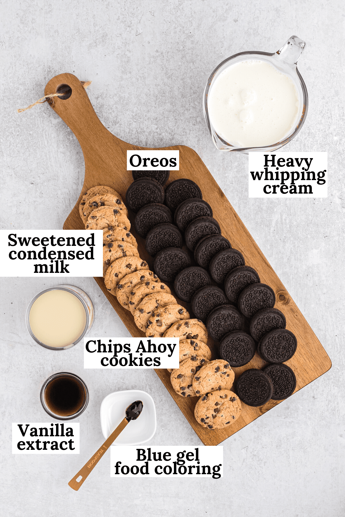 Overhead view of ingredients for Cookie Monster Ice Cream