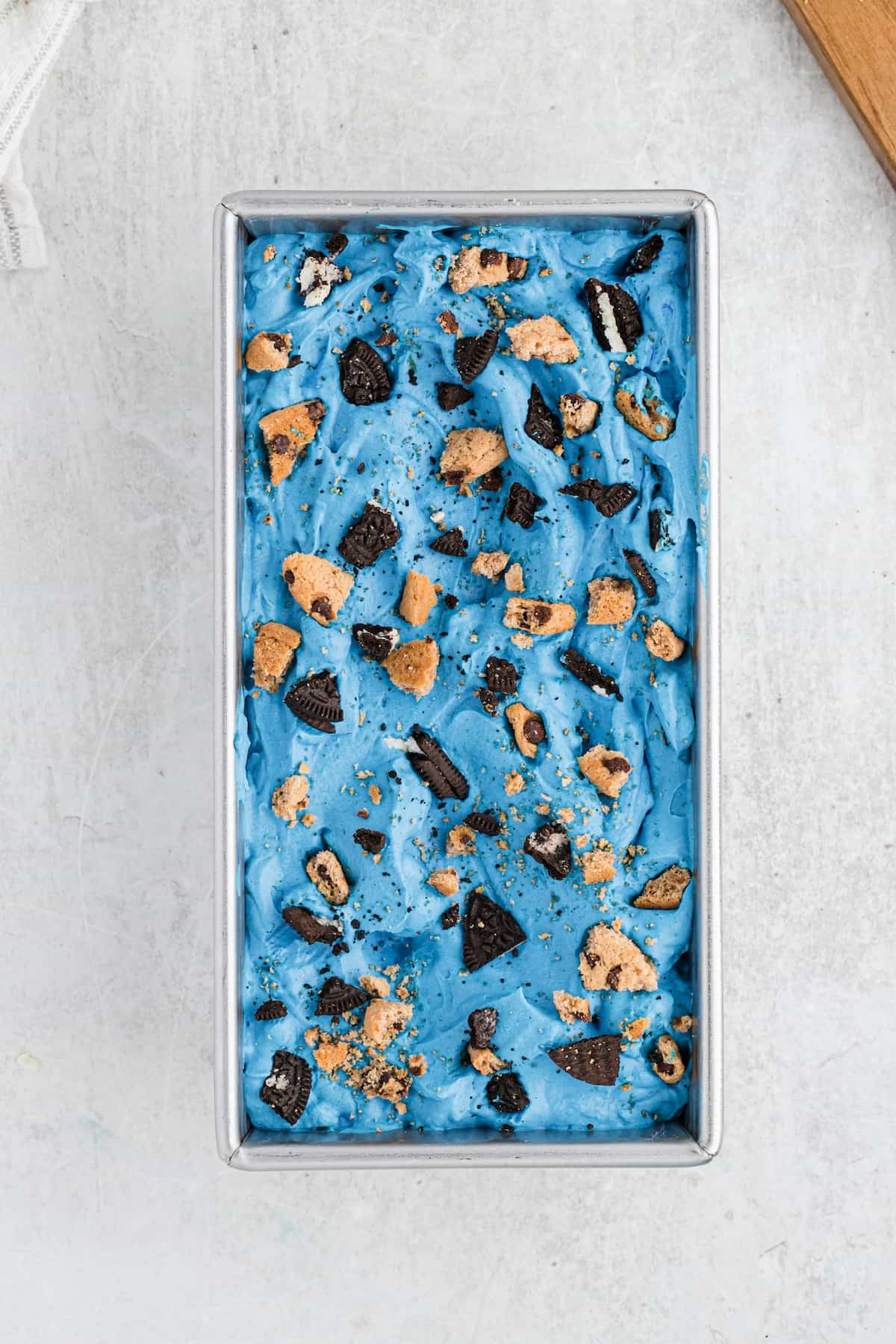 Cookie Monster Ice Cream frozen in loaf pan