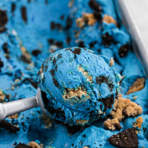 Scooping Cookie Monster Ice Cream from pan