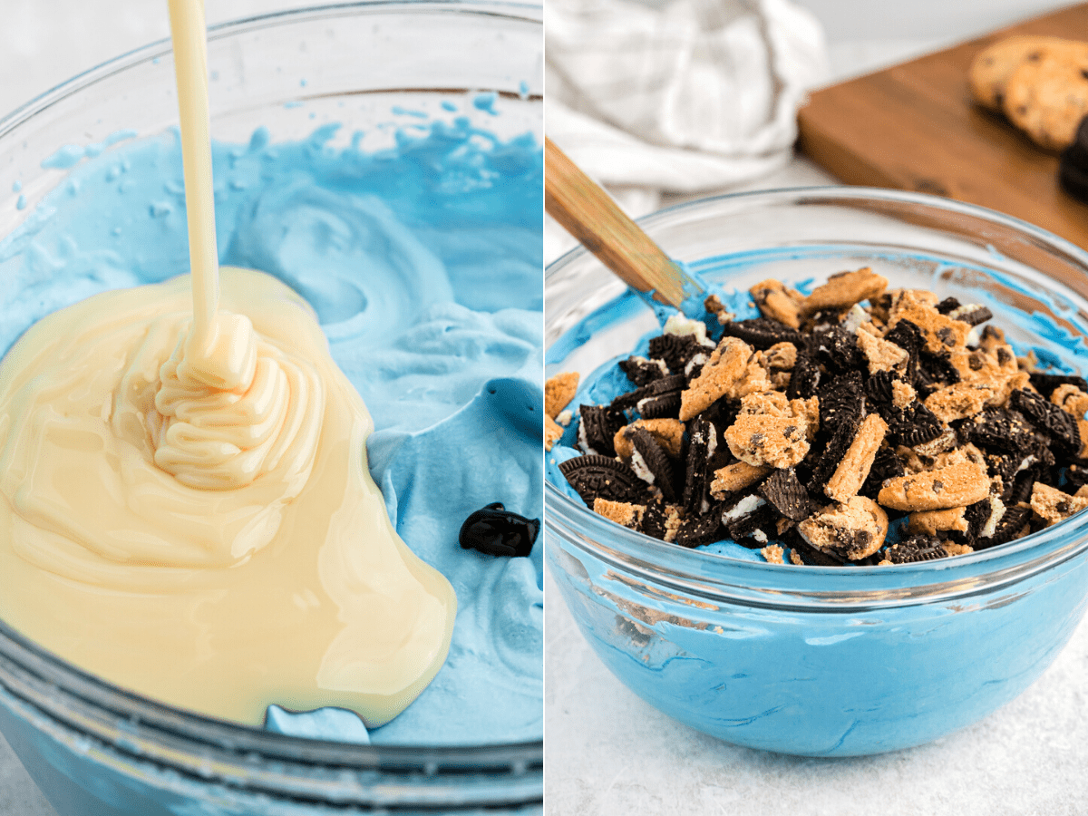 Side-by-side photos showing process of making Cookie Monster Ice Cream