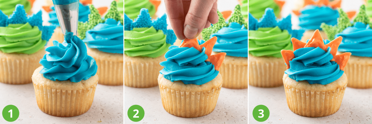 3 photos showing process of decorating dinosaur cupcakes