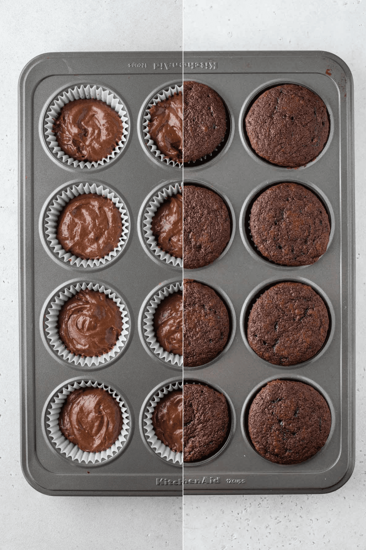 Two photos showing unbaked and baked gluten-free chocolate cupcakes