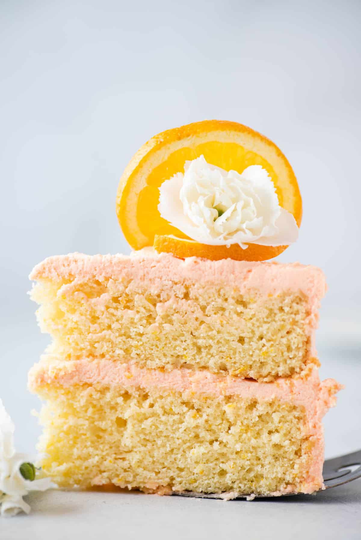 slice of orange cake decorated with an orange slice and white flower on a metal spatula