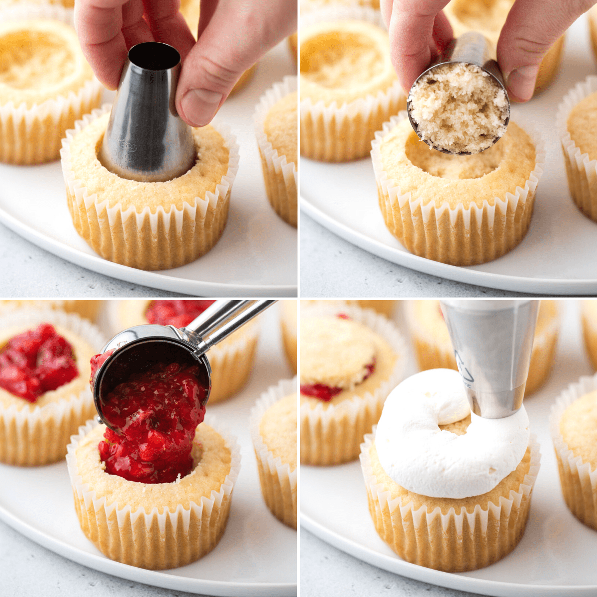 Four photos showing process of filling and topping strawberry shortcake cupcakes