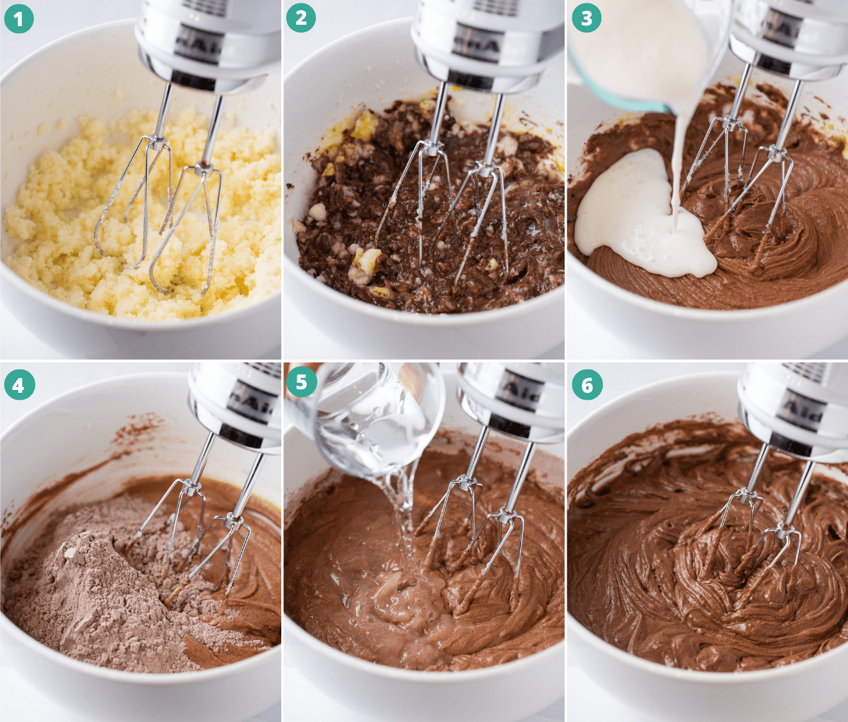 6 photos showing process of making chocolate cake batter