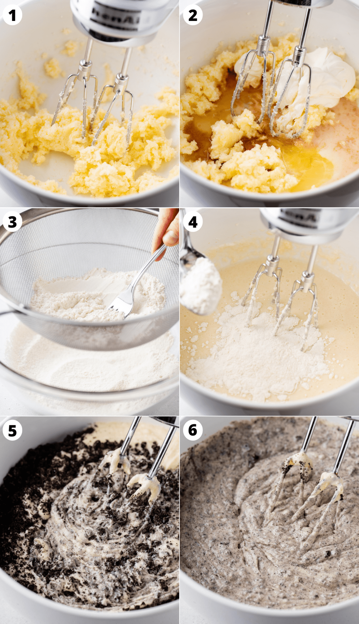 6 photos showing process of making Oreo cake batter