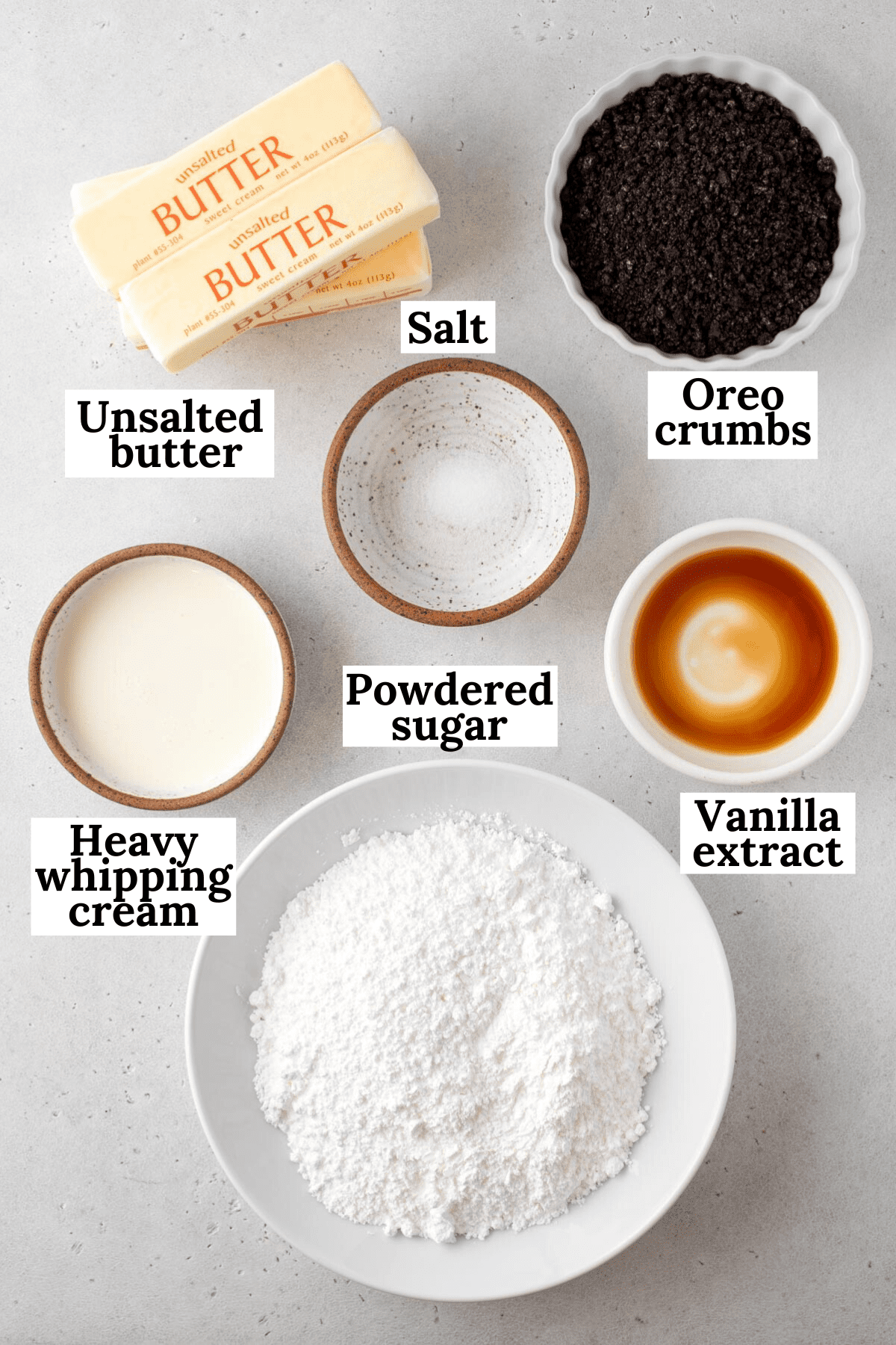 Overhead view of ingredients for Oreo frosting