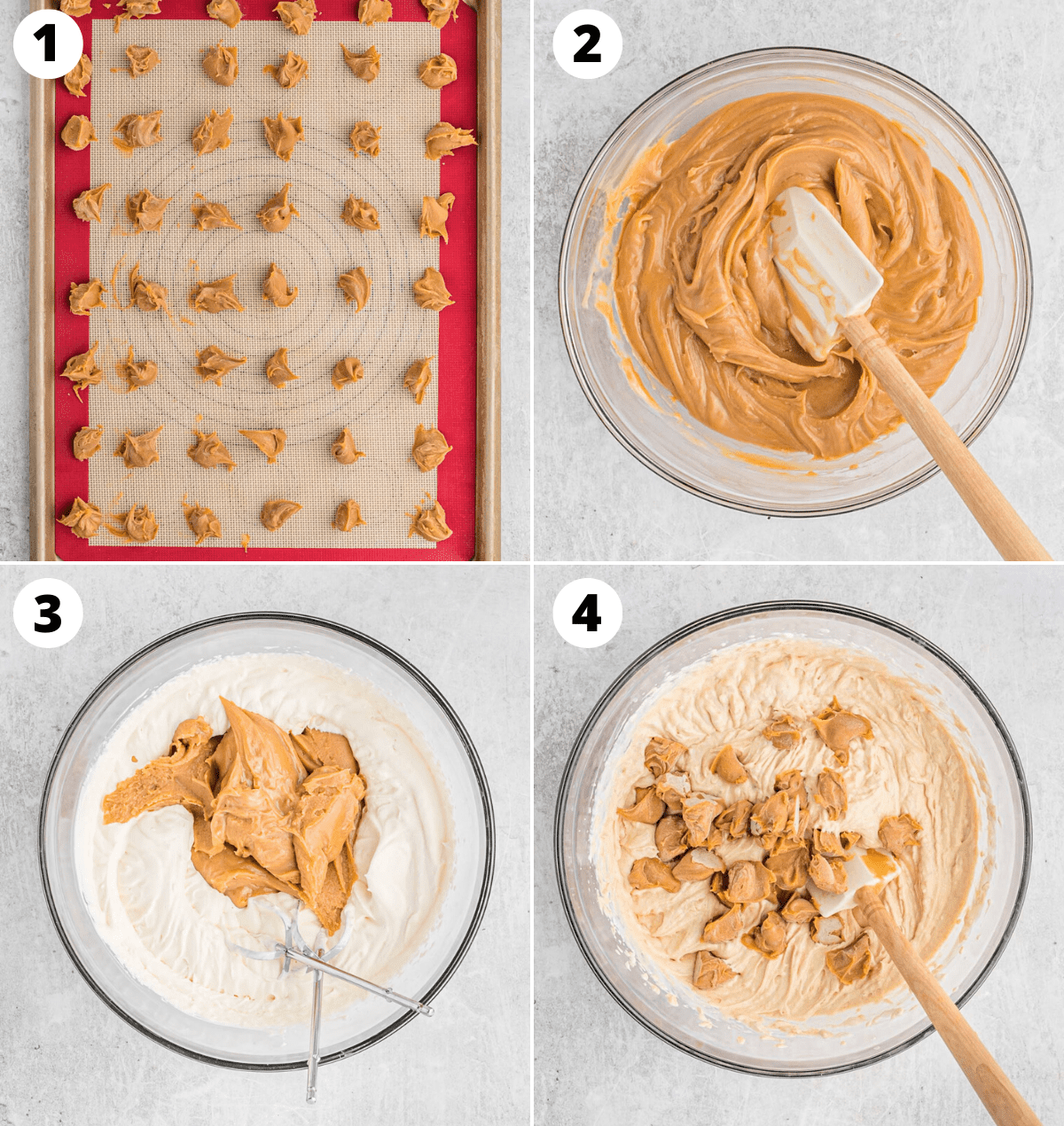 4 photos showing process of making peanut butter ice cream