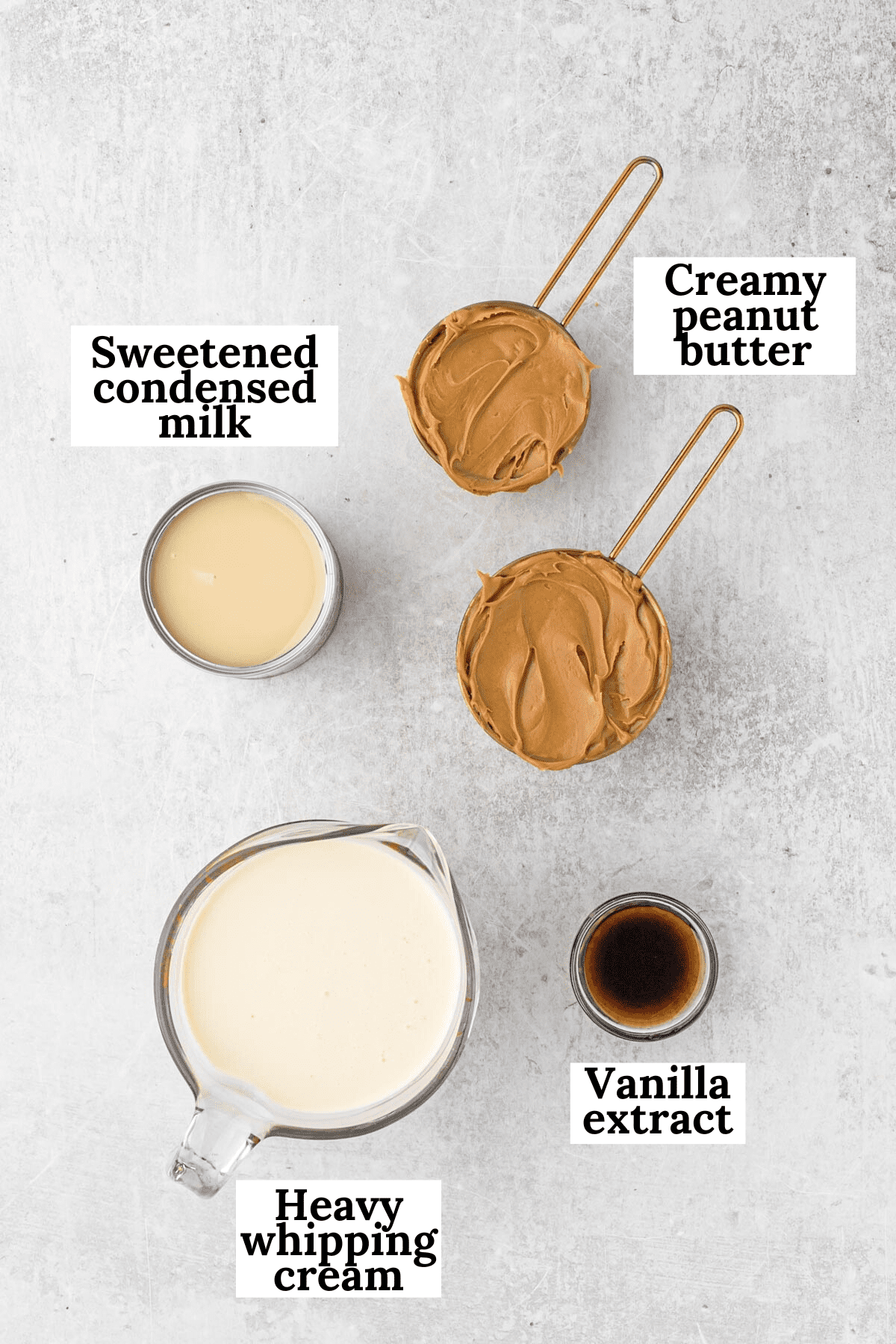 Overhead view of ingredients for peanut butter ice cream