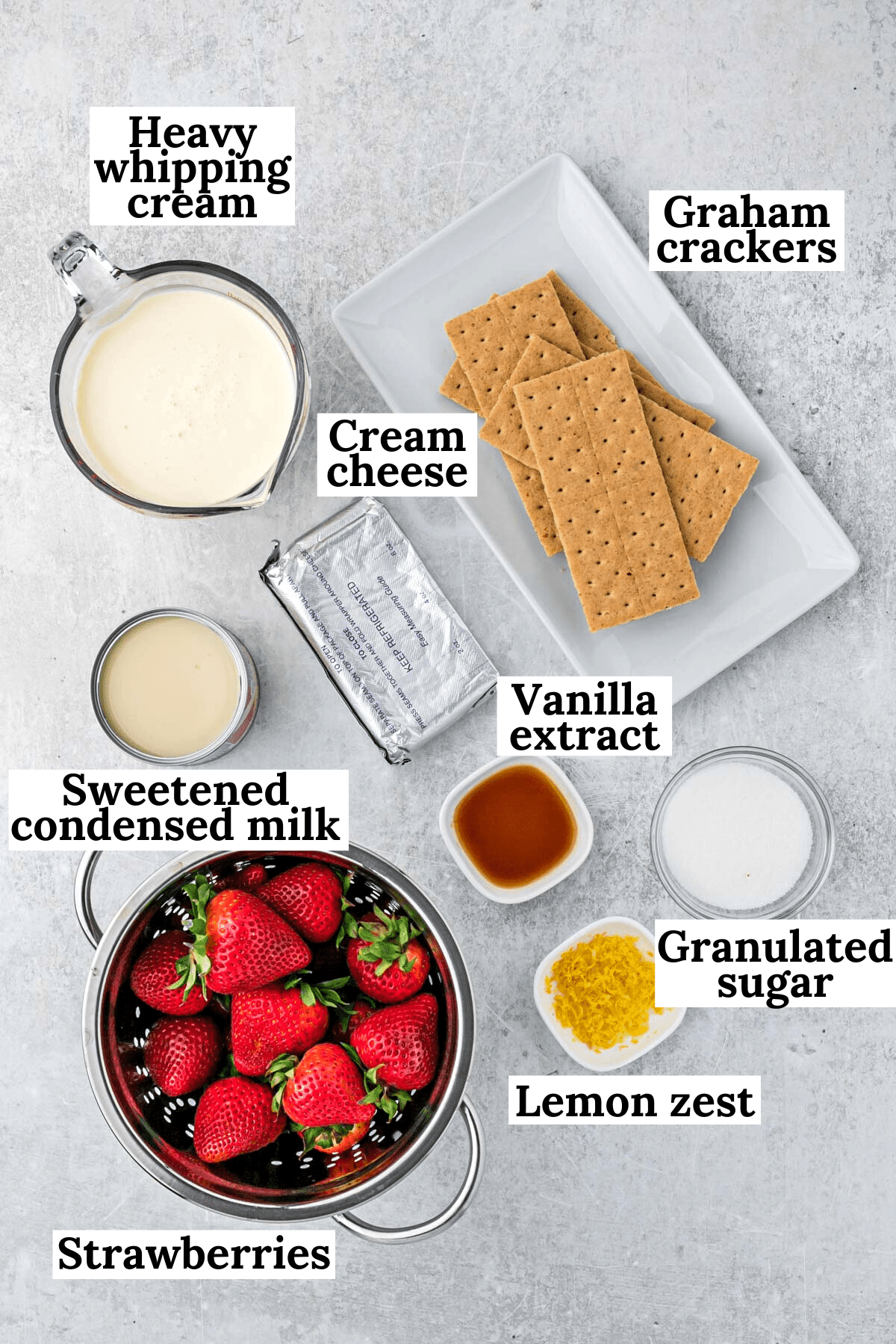 ingredients to make strawberry cheesecake ice cream labeled with text overlay