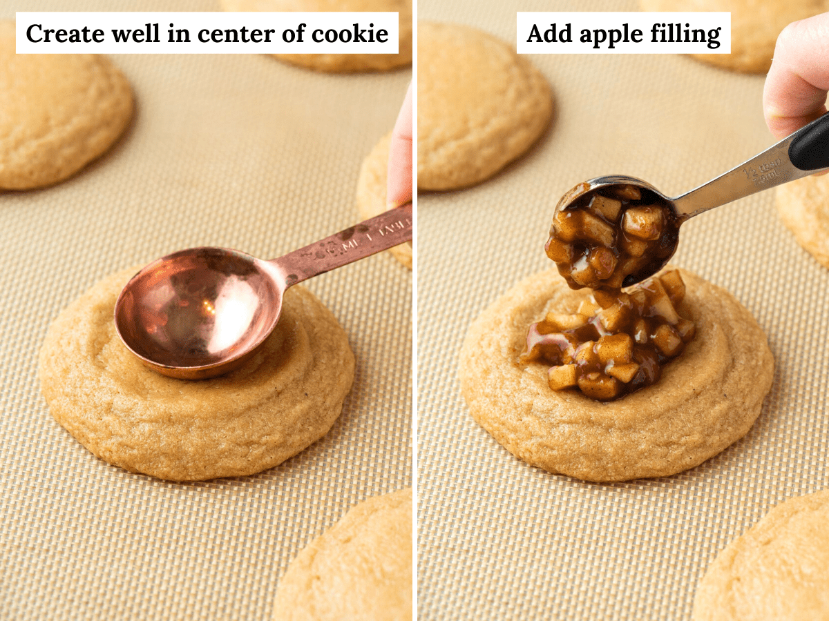 Side by side photos showing creating well in center of cookie and adding filling