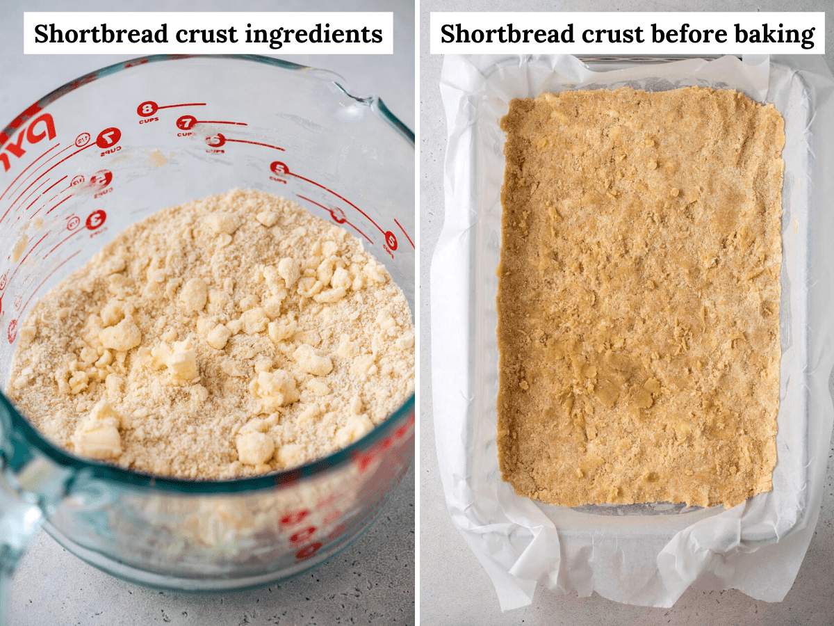 Side by side photos of shortbread ingredients in mixing bowl and shortbread crust in pan
