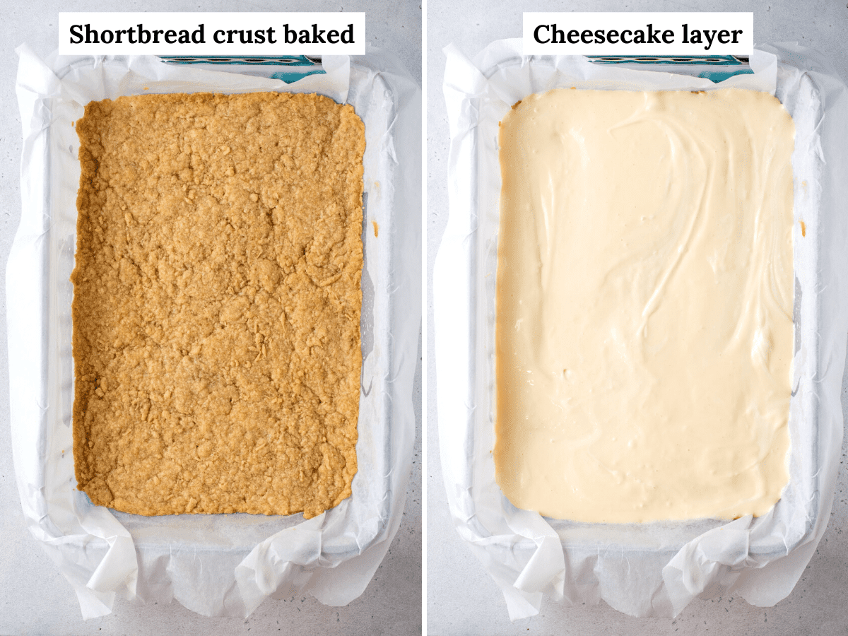 Side by side photos of shortbread and cheesecake layers of caramel apple cheesecake bars
