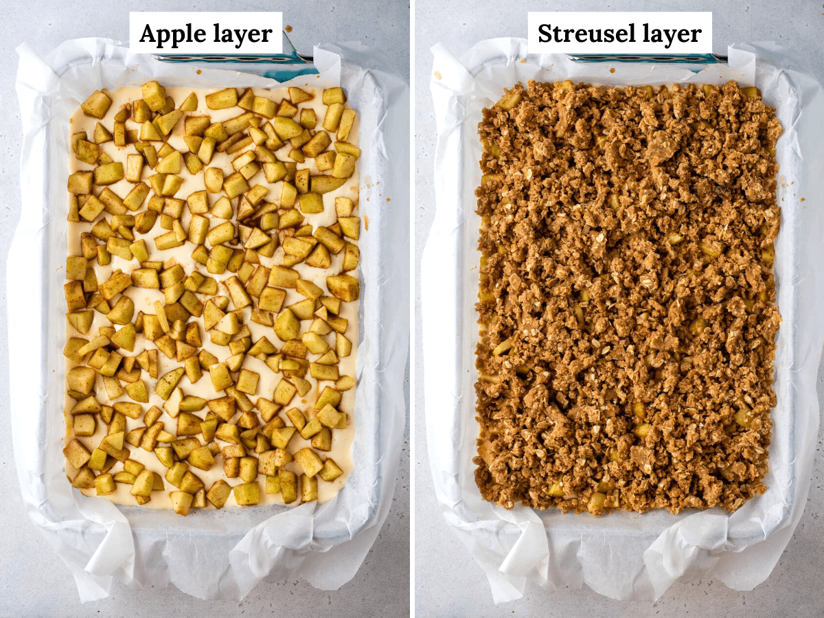 Side by side photos of apple and streusel layers of caramel apple cheesecake bars