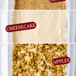 Graphic showing how caramel apple cheesecake bars are layered