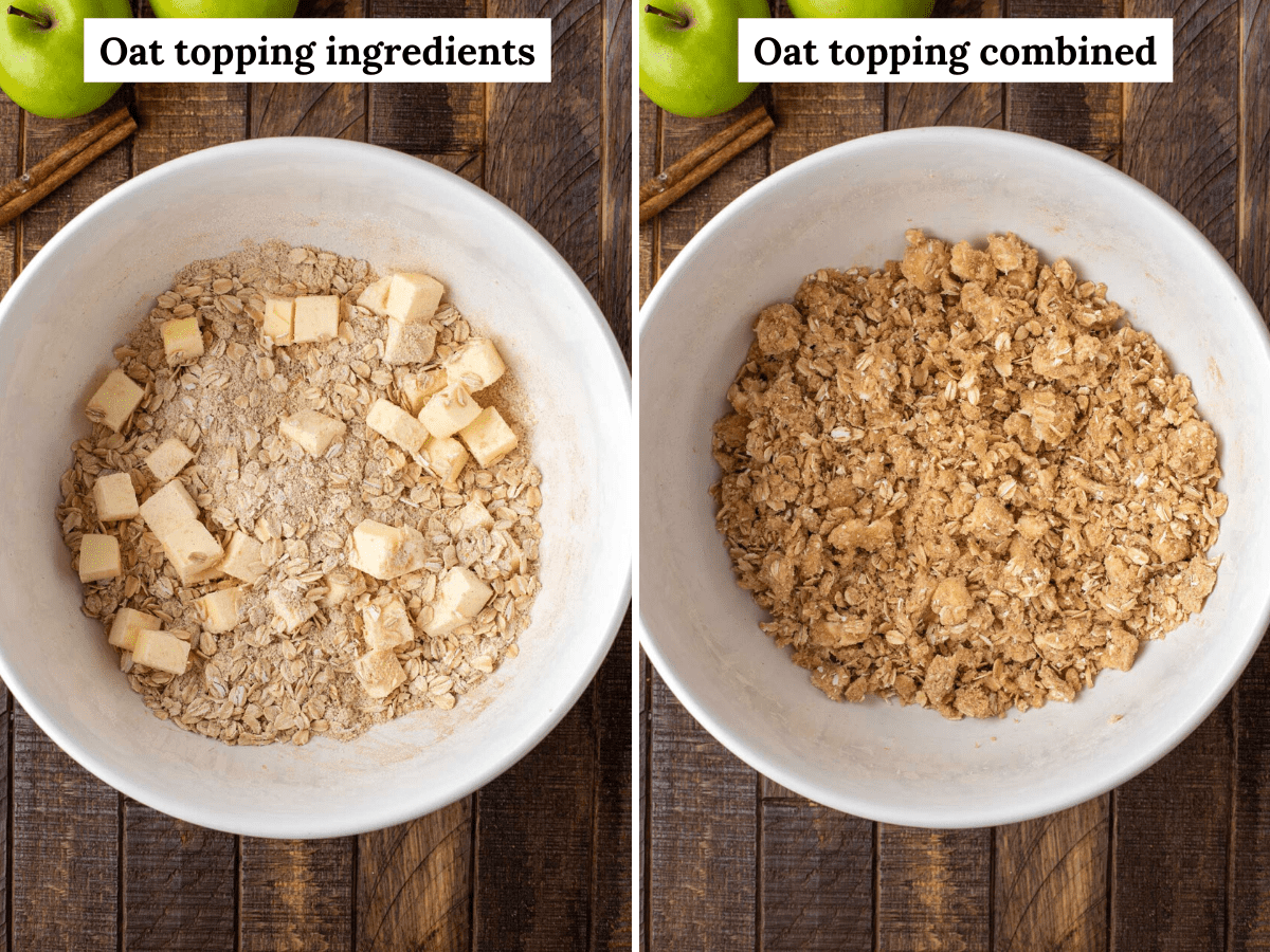 Two photos showing process of making caramel apple crisp topping
