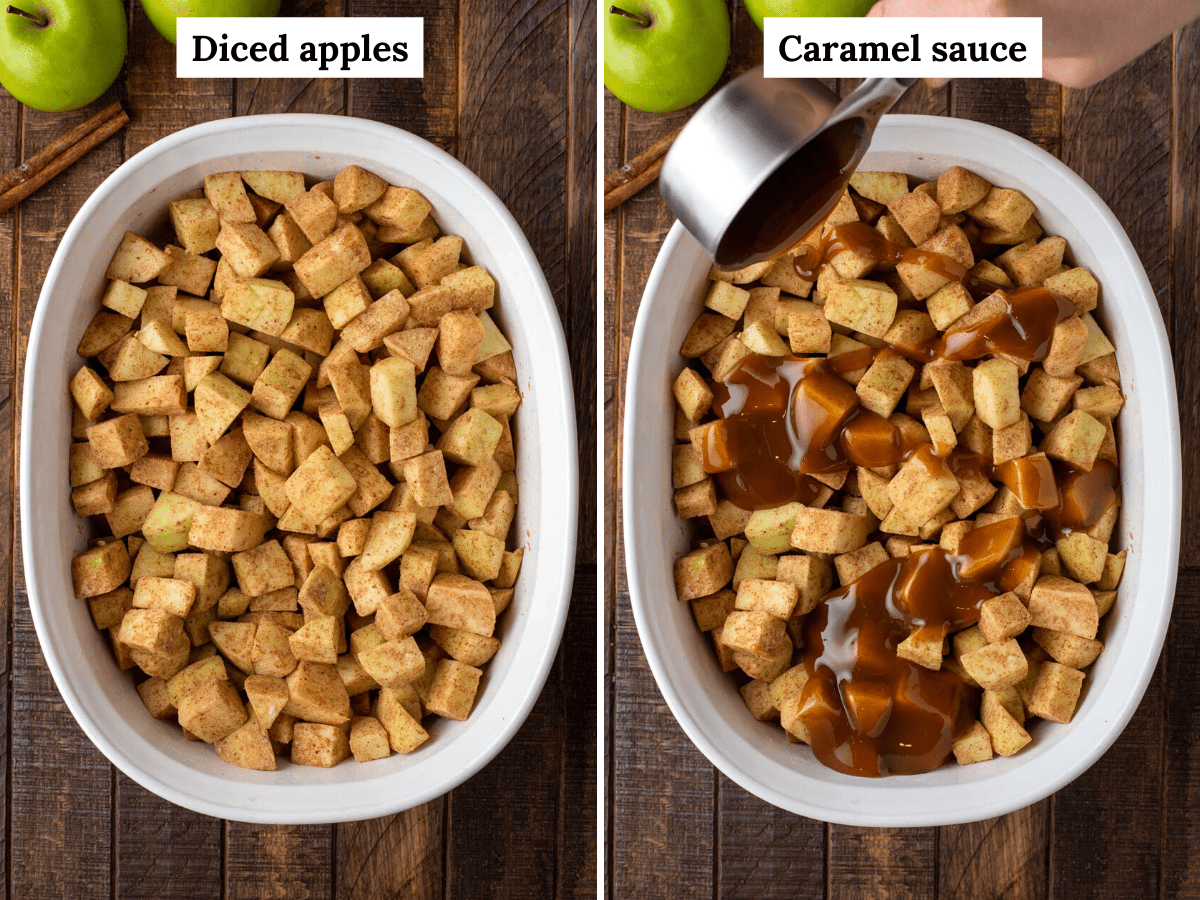 Two photos showing process of making caramel apple crisp filling