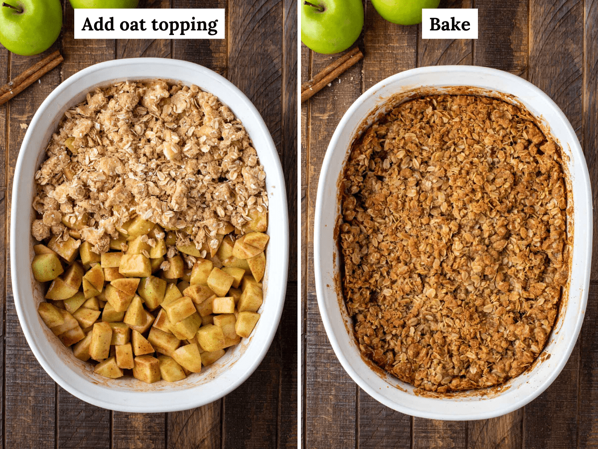 Two photos showing unbaked and baked caramel apple crisp