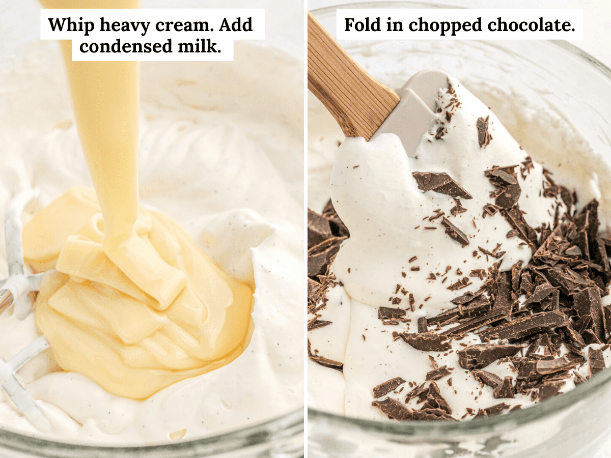 how to make no churn chocolate chip ice cream with overlay text