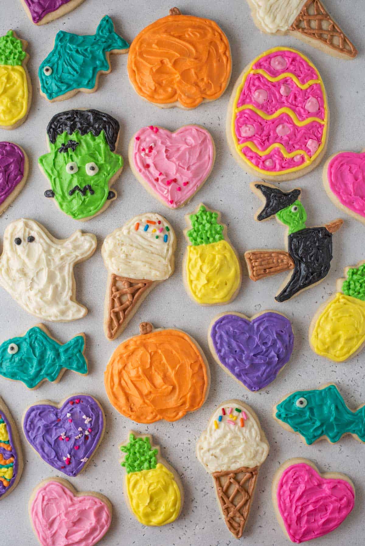Overhead view of decorated gluten-free cut out sugar cookies