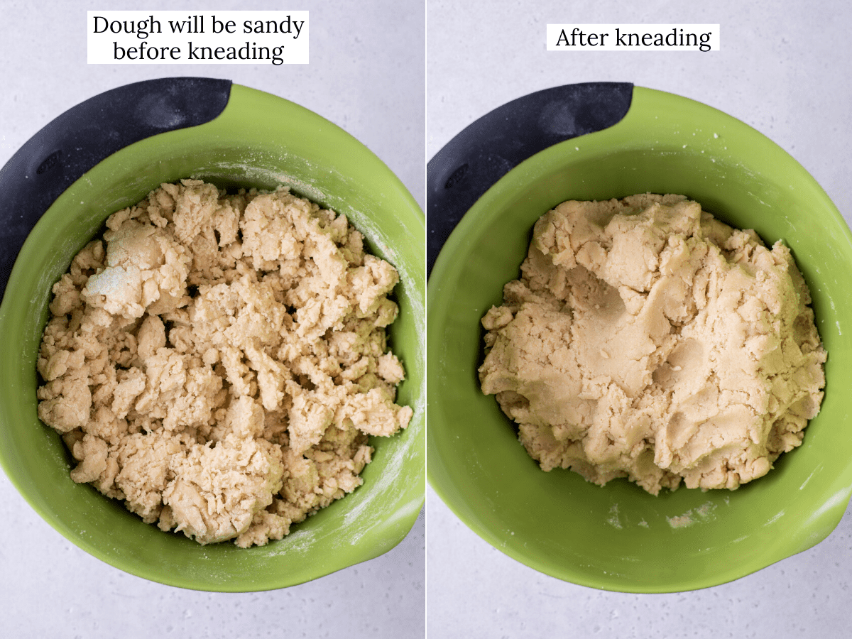 Side-by-side photos showing gluten-free cookie dough before and after kneading