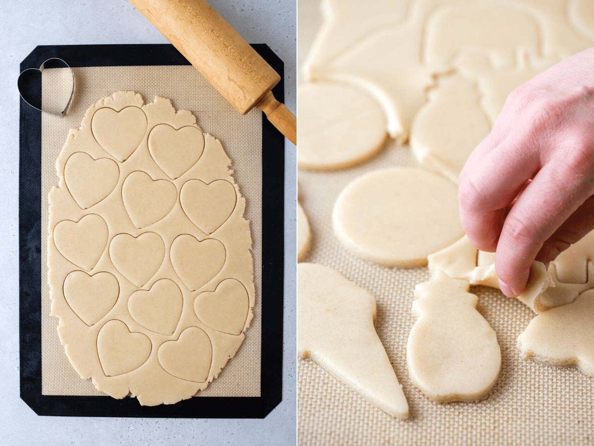Side-by-side photos showing process of cutting sugar cookie dough