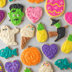 Overhead view of decorated gluten-free sugar cookies