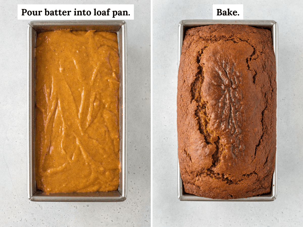 Gluten free pumpkin bread batter in pan and an after photo when bread is baked.