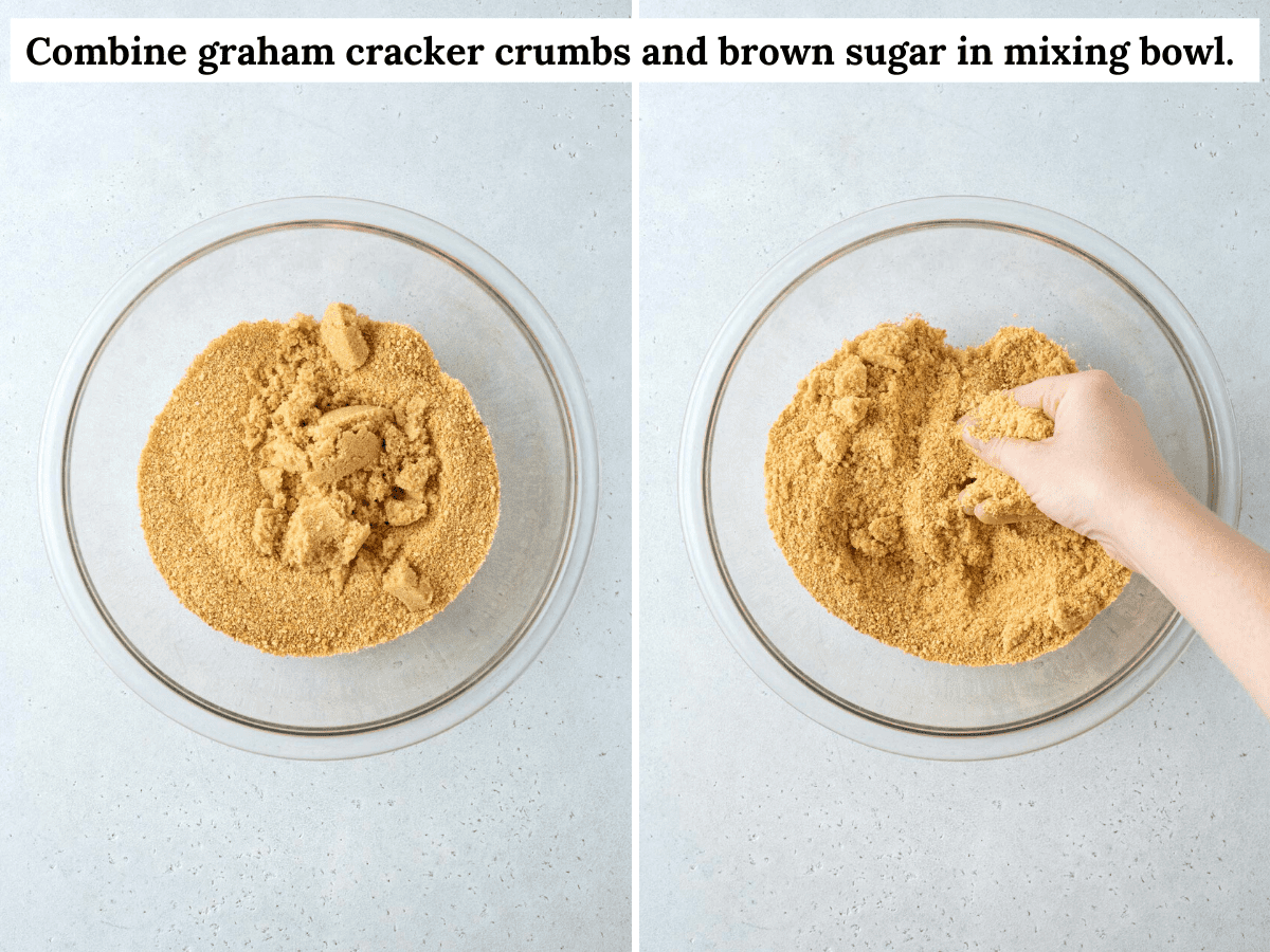 glass mixing bowl with graham cracker crumbs and brown sugar