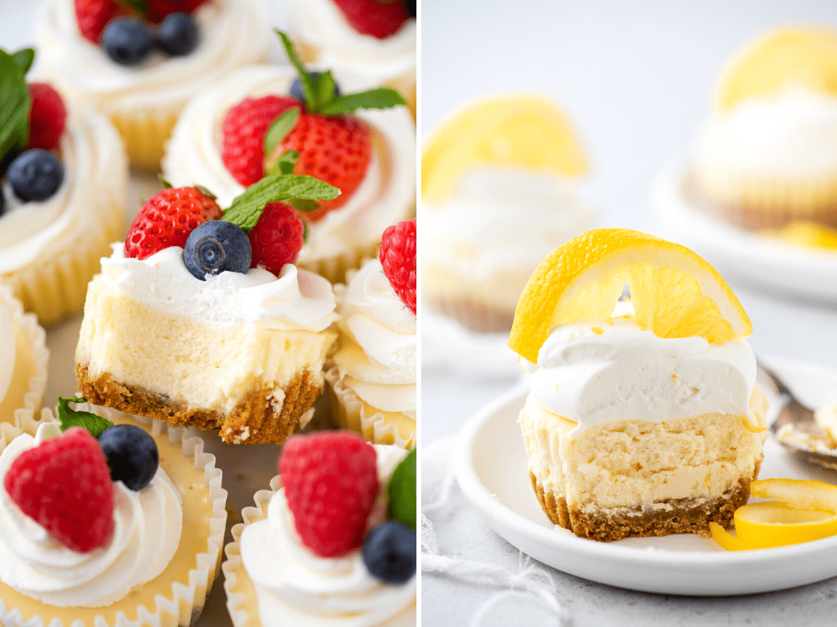 collage of mini cheesecake recipes that use graham cracker crust