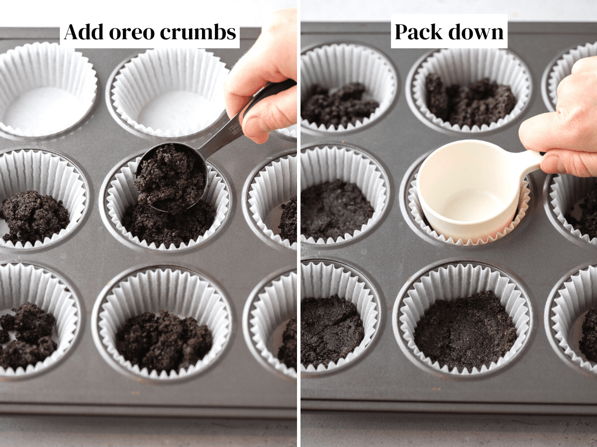 how to pack down oreo crumbs to make mini cheesecake crust