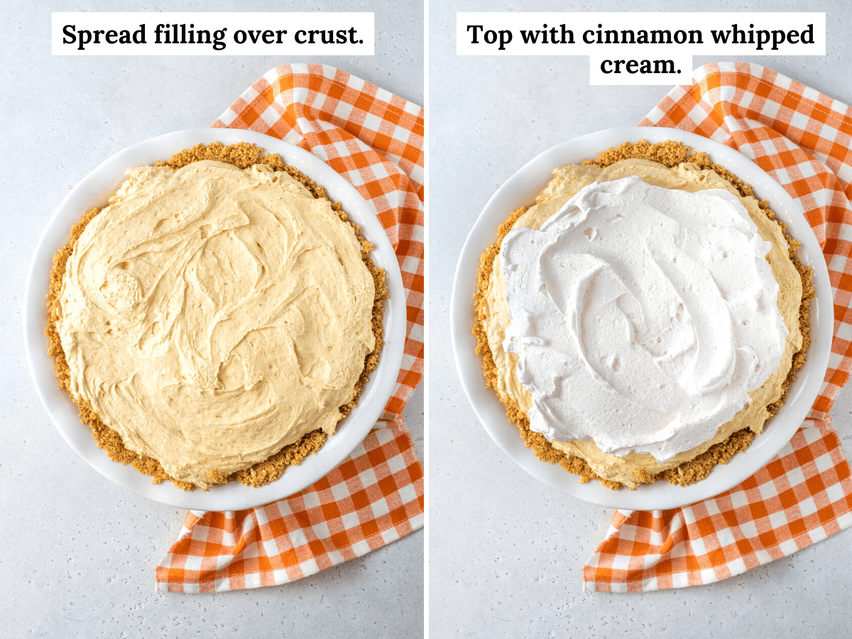 Steps show no bake pumpkin pie spread in crust and topped with whipped cream.