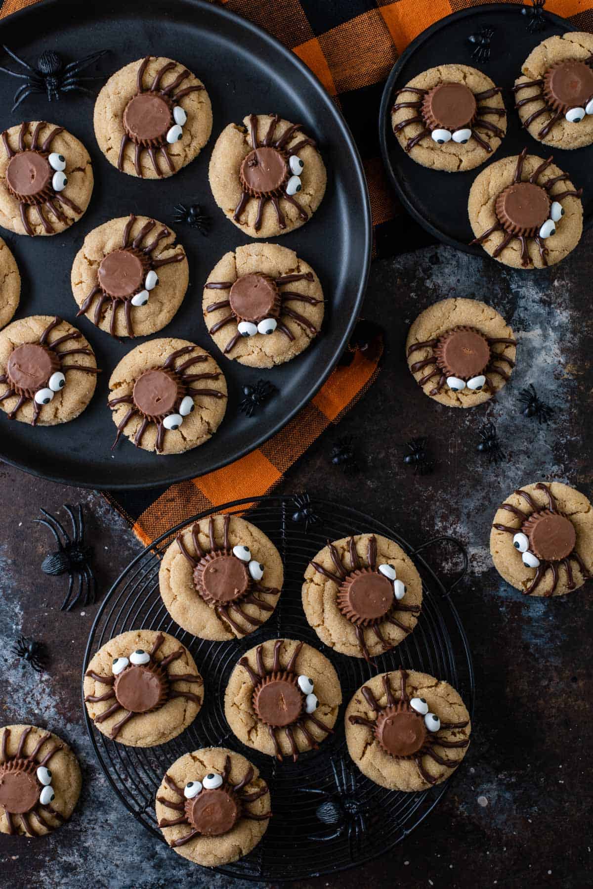 Overhead view of peanut butter spider cookies