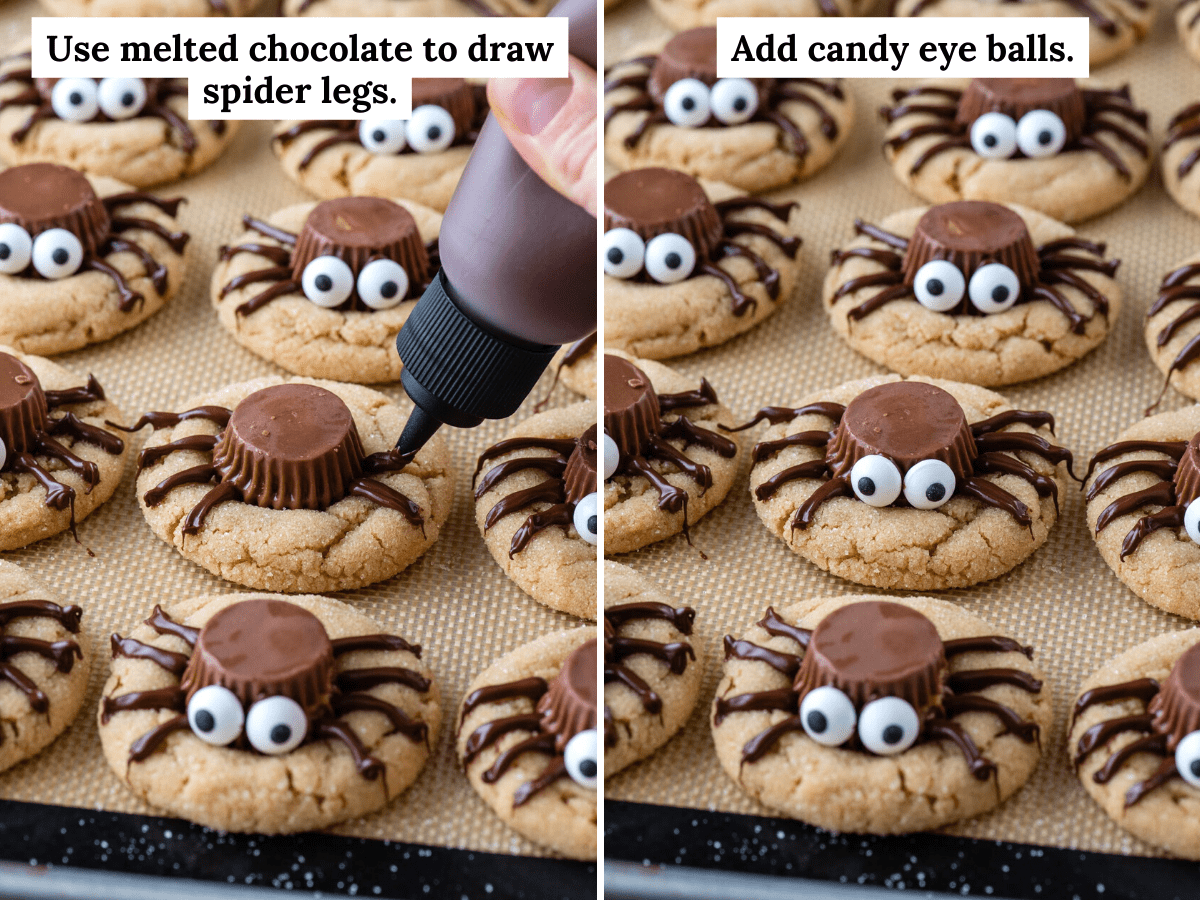 Process shots of adding chocolate legs to spider cookies