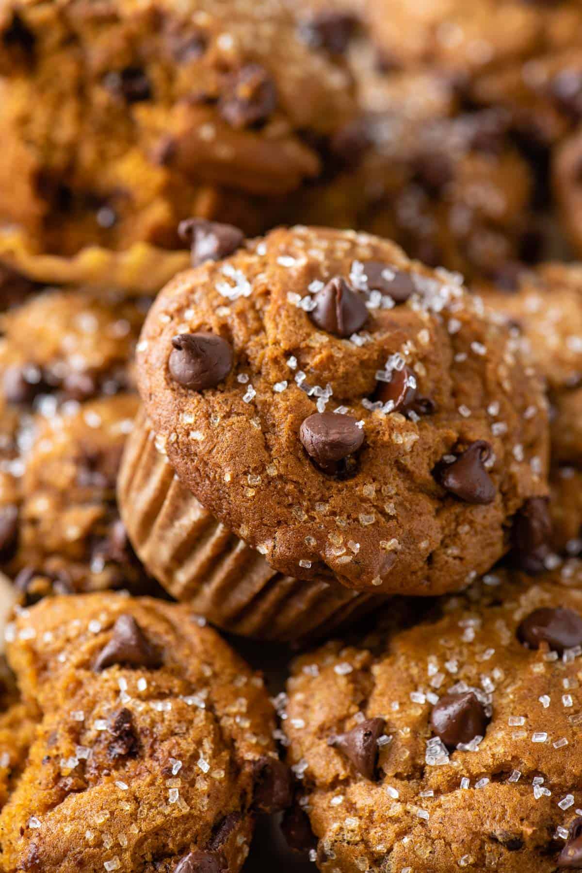 A perfectly baked pumpkin chocolate chip muffin sits surrounded by a stack of the same.