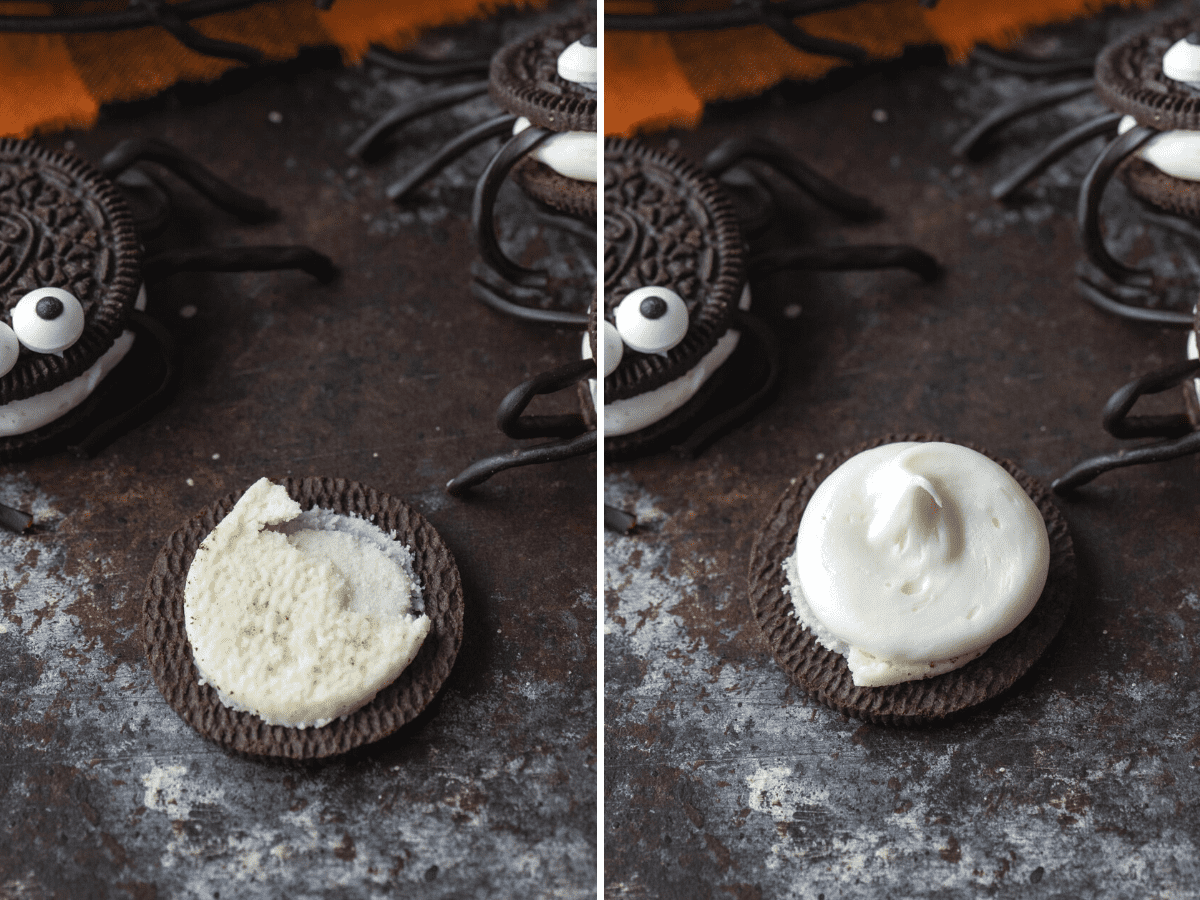 An Oreo split open and topped with frosting