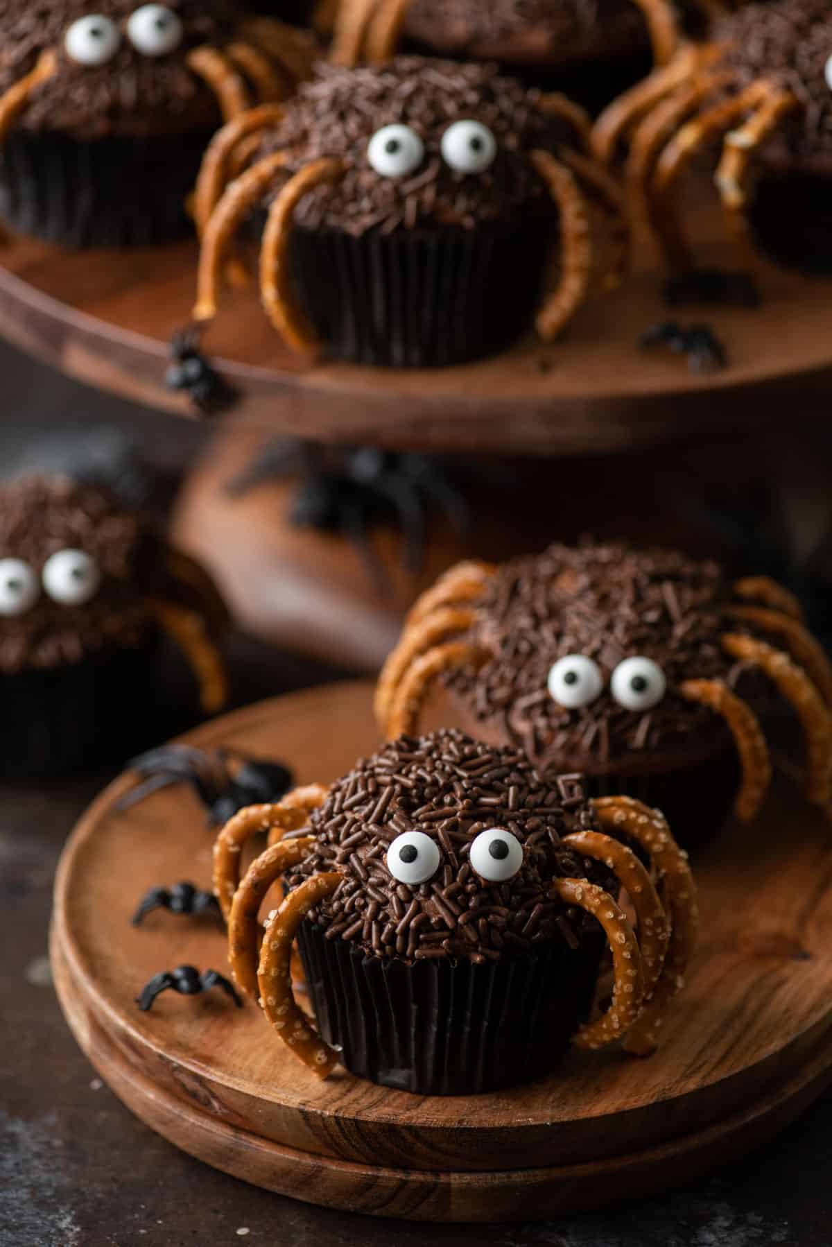 Spider cupcakes on a plate