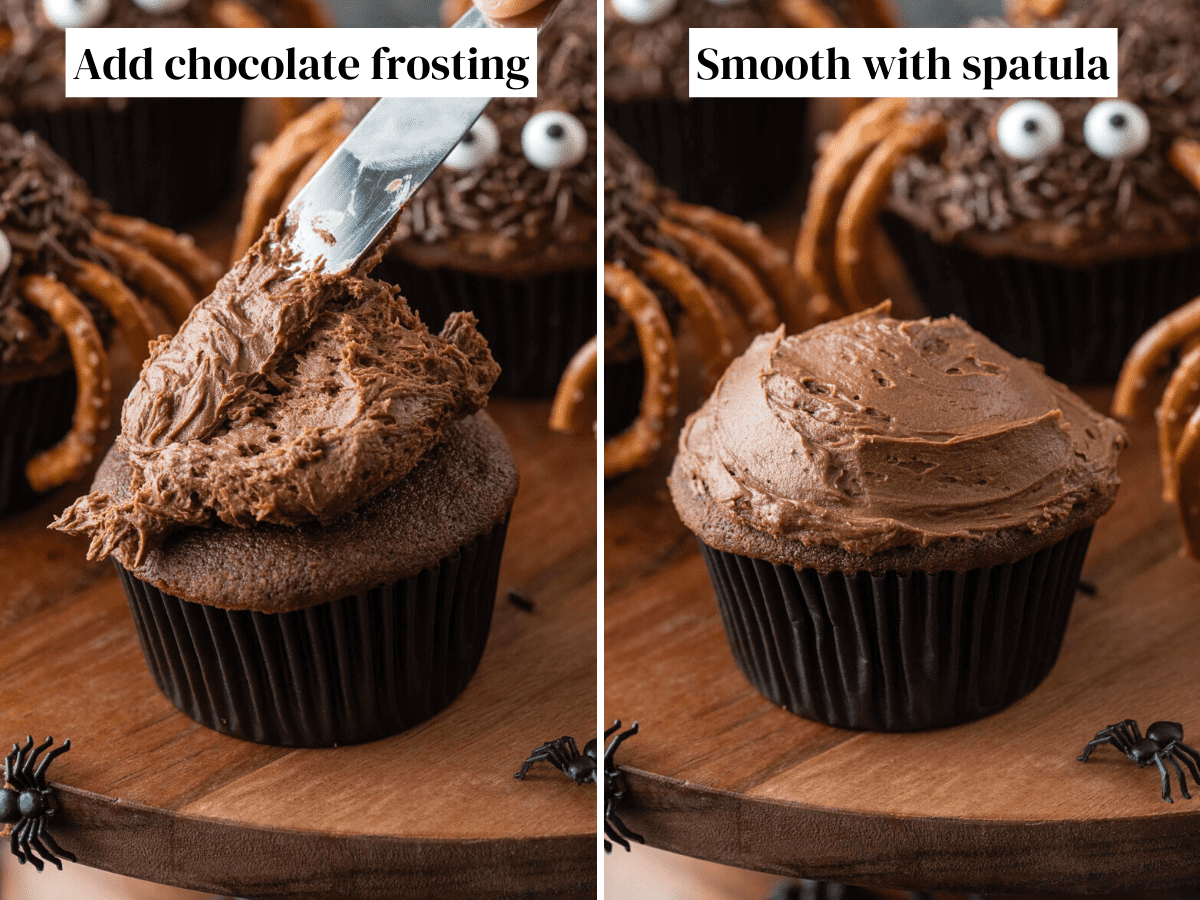 Chocolate frosting being spread on a chocolate cupcake