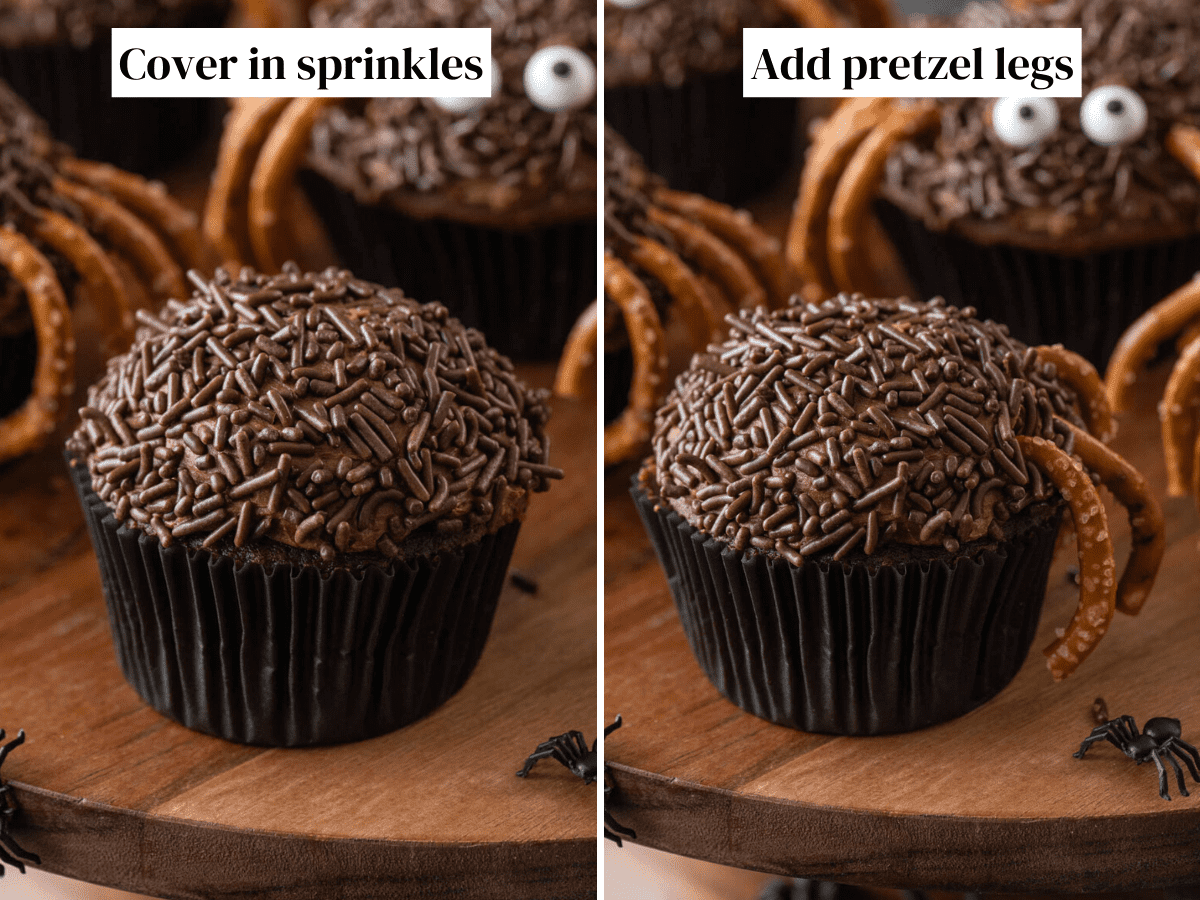 Chocolate frosted cupcakes topped with brown sprinkles
