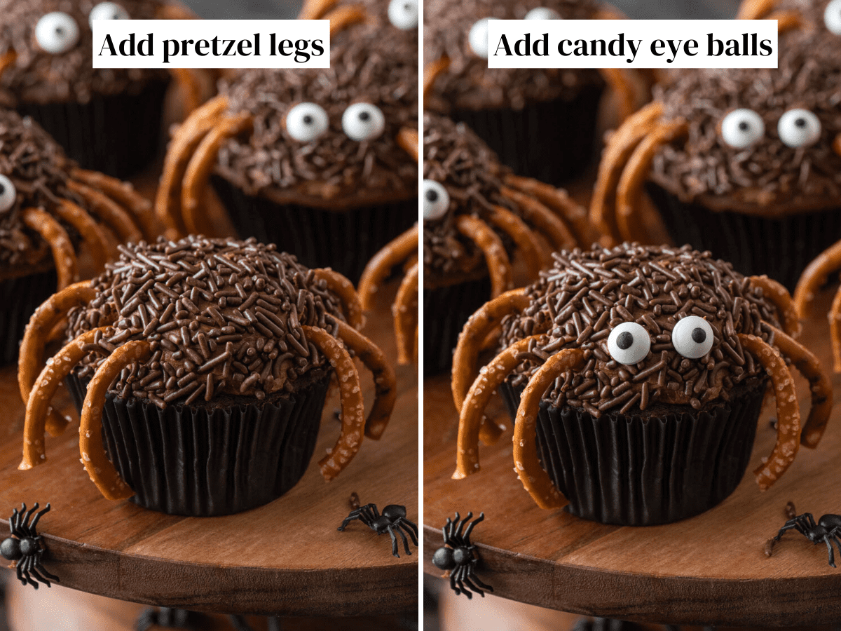 Chocolate cupcakes with pretzel legs and eyeballs to make a spider cupcake