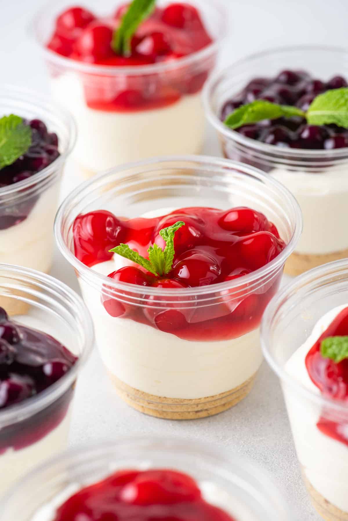 Cheesecake cups with cherry pie and blueberry pie filling topping