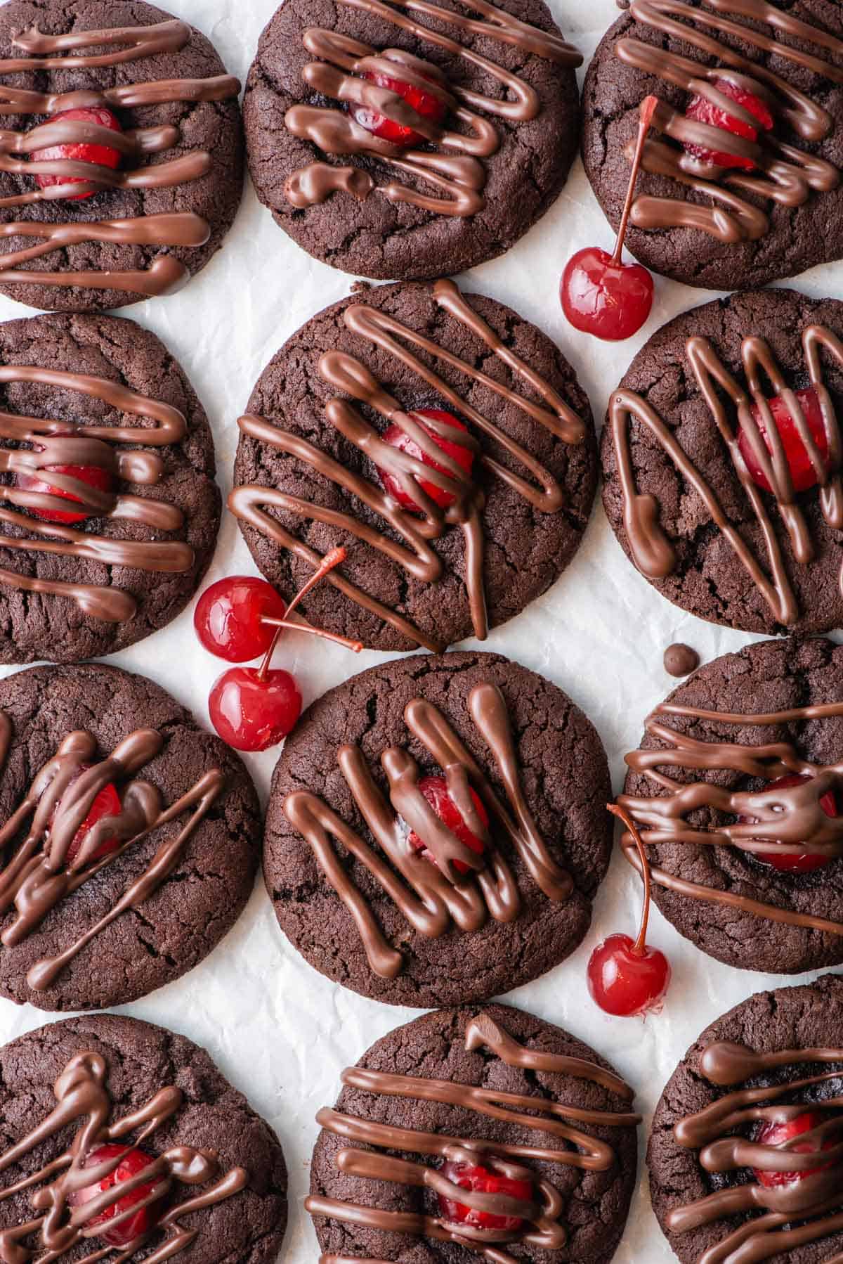 Overhead view of chocolate cherry cookies