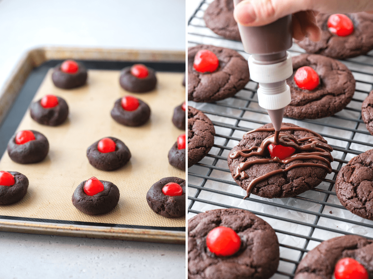 Baked chocolate cherry cookies and chocolate being drizzled over the top