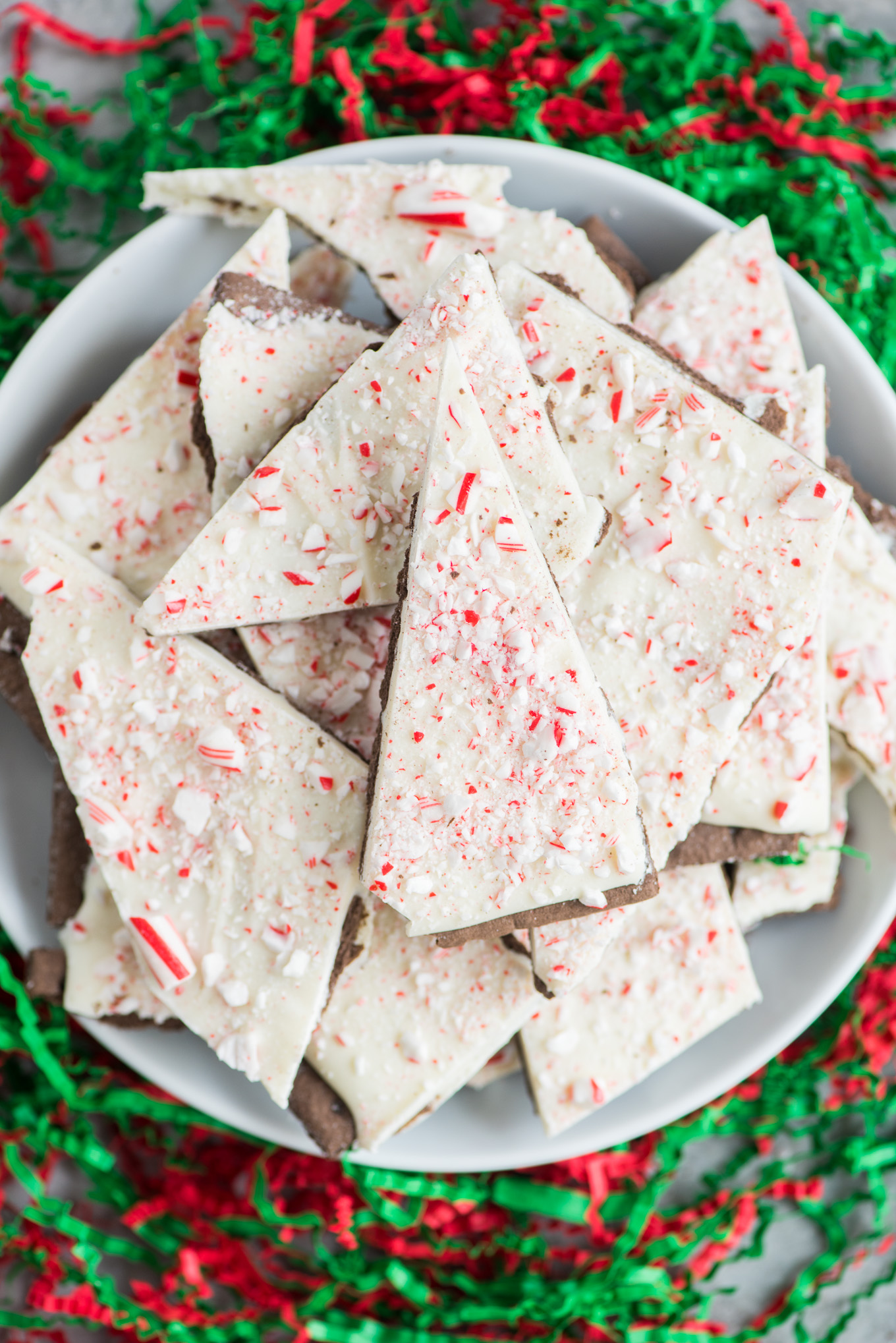 pieces of chocolate peppermint bark on a white plate
