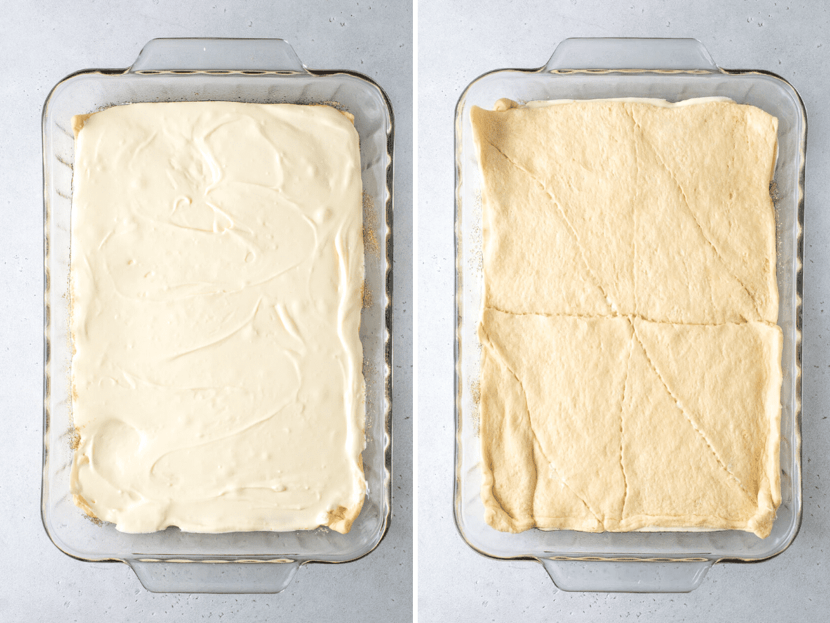 Two photos, one with cheesecake filling in a baking dish and another with crescent dough
