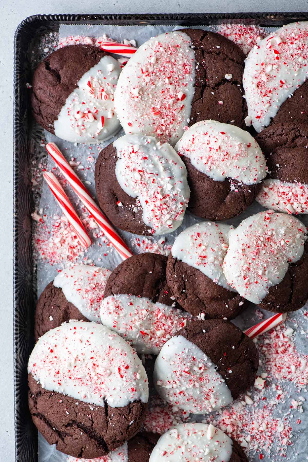 Overhead view of candy cane chocolate cookies