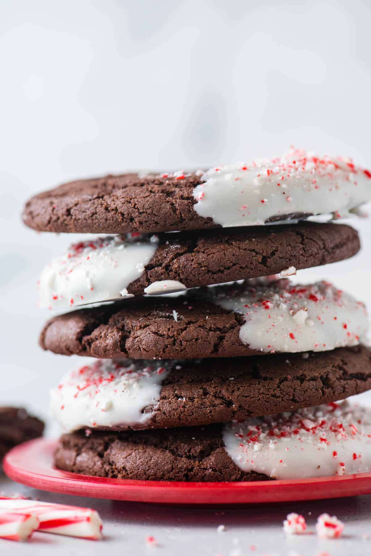A stack of chocolate candy cane cookies