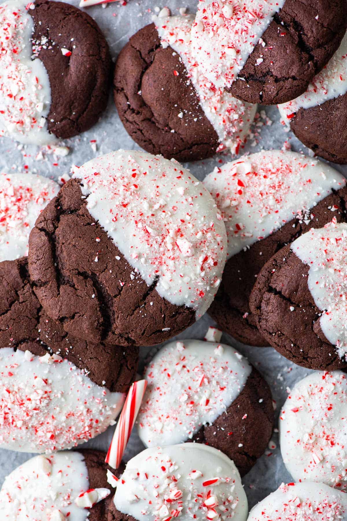Overhead view of chocolate candy cane cookies