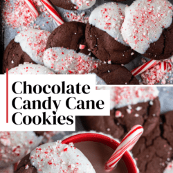 A pinterest graphic with two photos of chocolate candy cane cookies