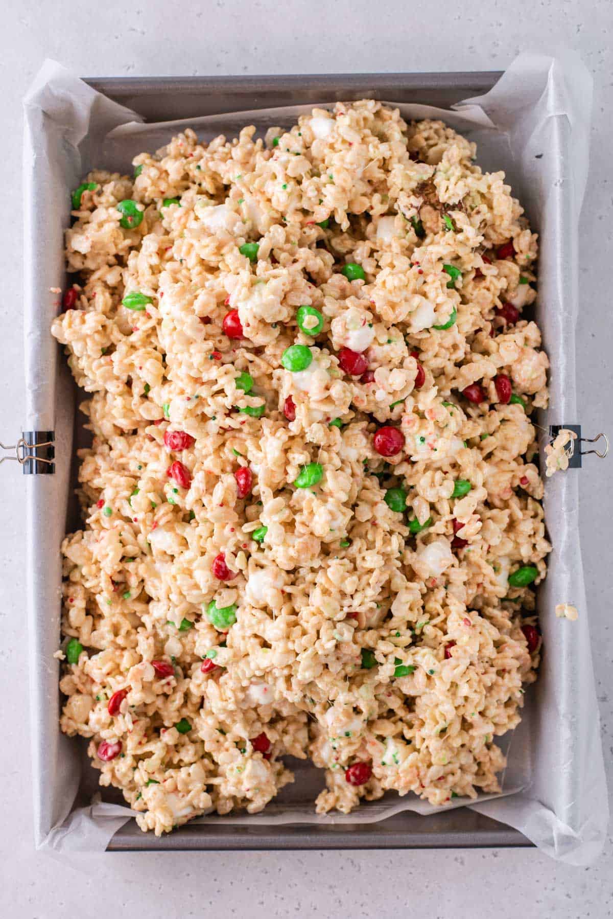 Christmas Rice Krispie mixture in a baking dish
